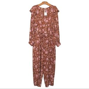 NWT - FREE People Women’s Lux Brown Pink Floral Long Sleeve Ruffle Jumpsuit